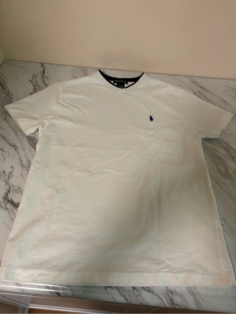 Ralph Lauren Men’s White V-Neck Sweater with Navy Trim and Logo